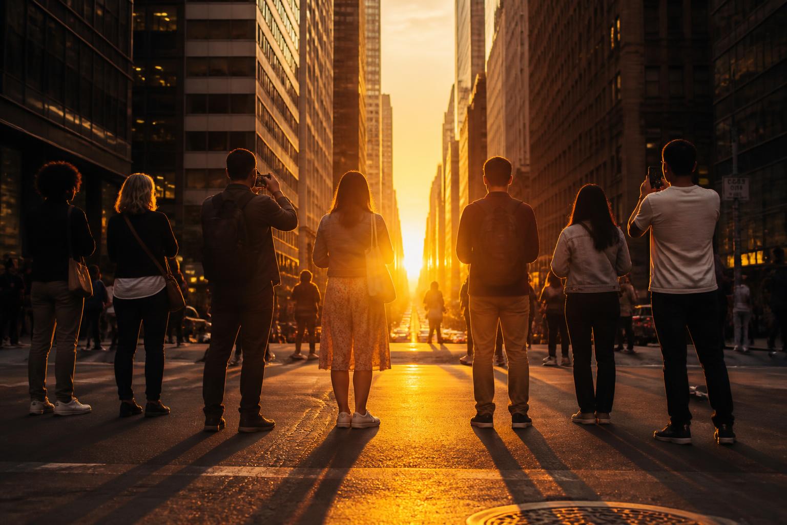 Grupo de personas en la calle 42 de Nueva York viendo el atardecer con celulares en mano y siluetas oscuras contra el cielo naranja