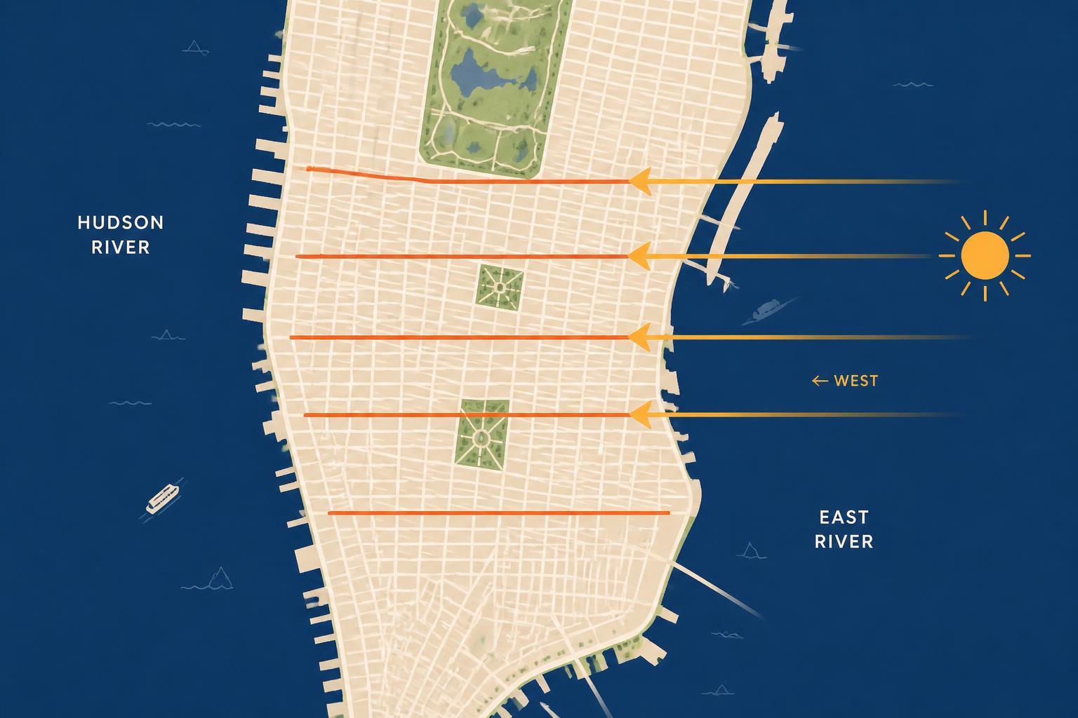 Mapa ilustrado de Manhattan con la grilla este-oeste marcada y las calles 14, 23, 34, 42 y 57 destacadas en color, flechas naranjas indicando la línea del atardecer hacia el Hudson