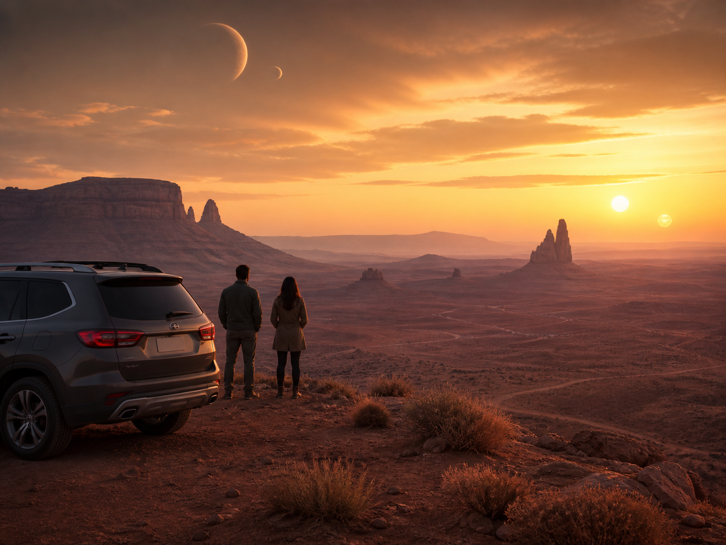 Pareja de viajeros mirando el atardecer en un desierto de Estados Unidos con paisaje tipo Tatooine