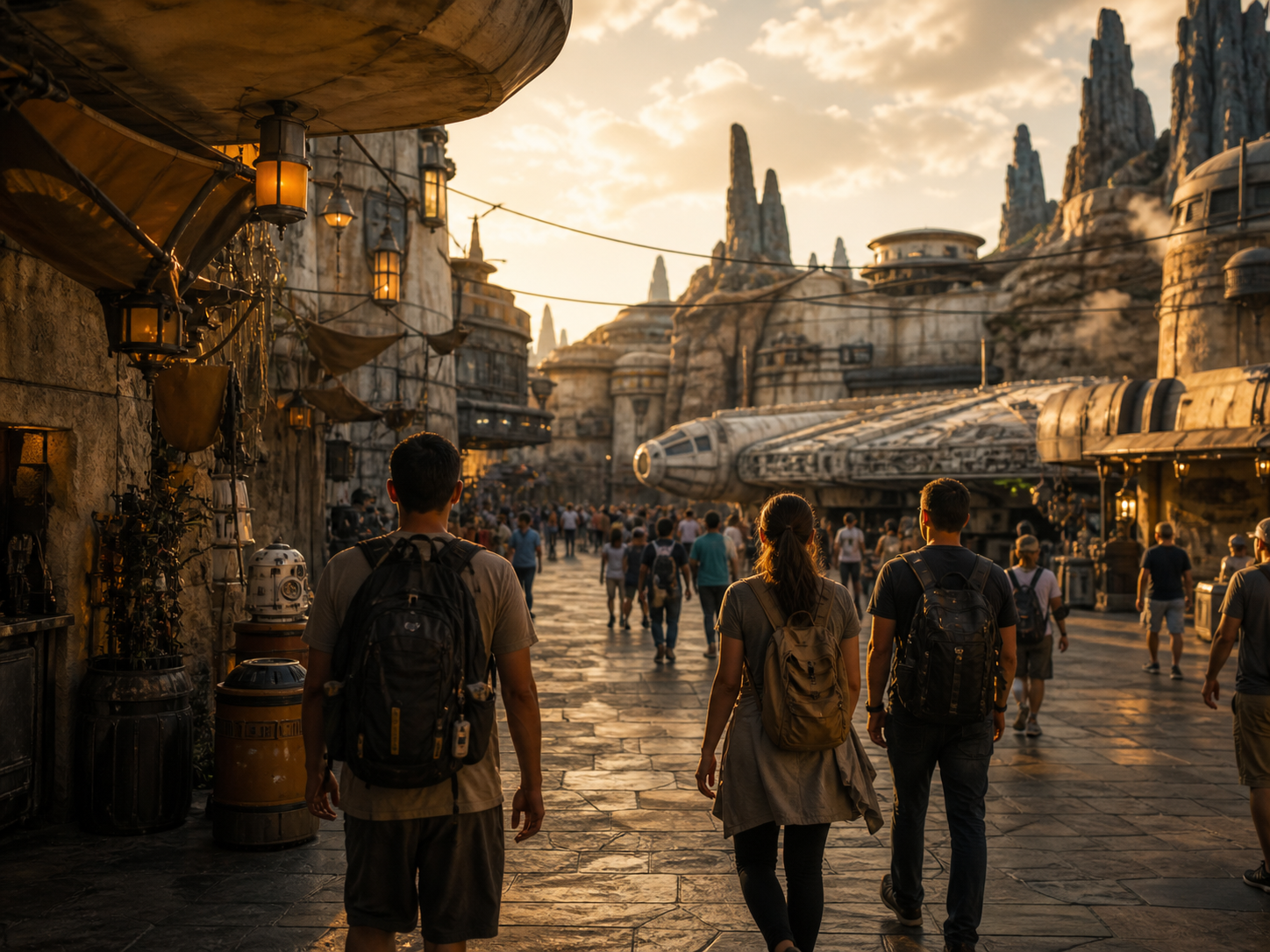 Travelers caminando por Star Wars: Galaxy's Edge en Disney, con el Millennium Falcon de fondo