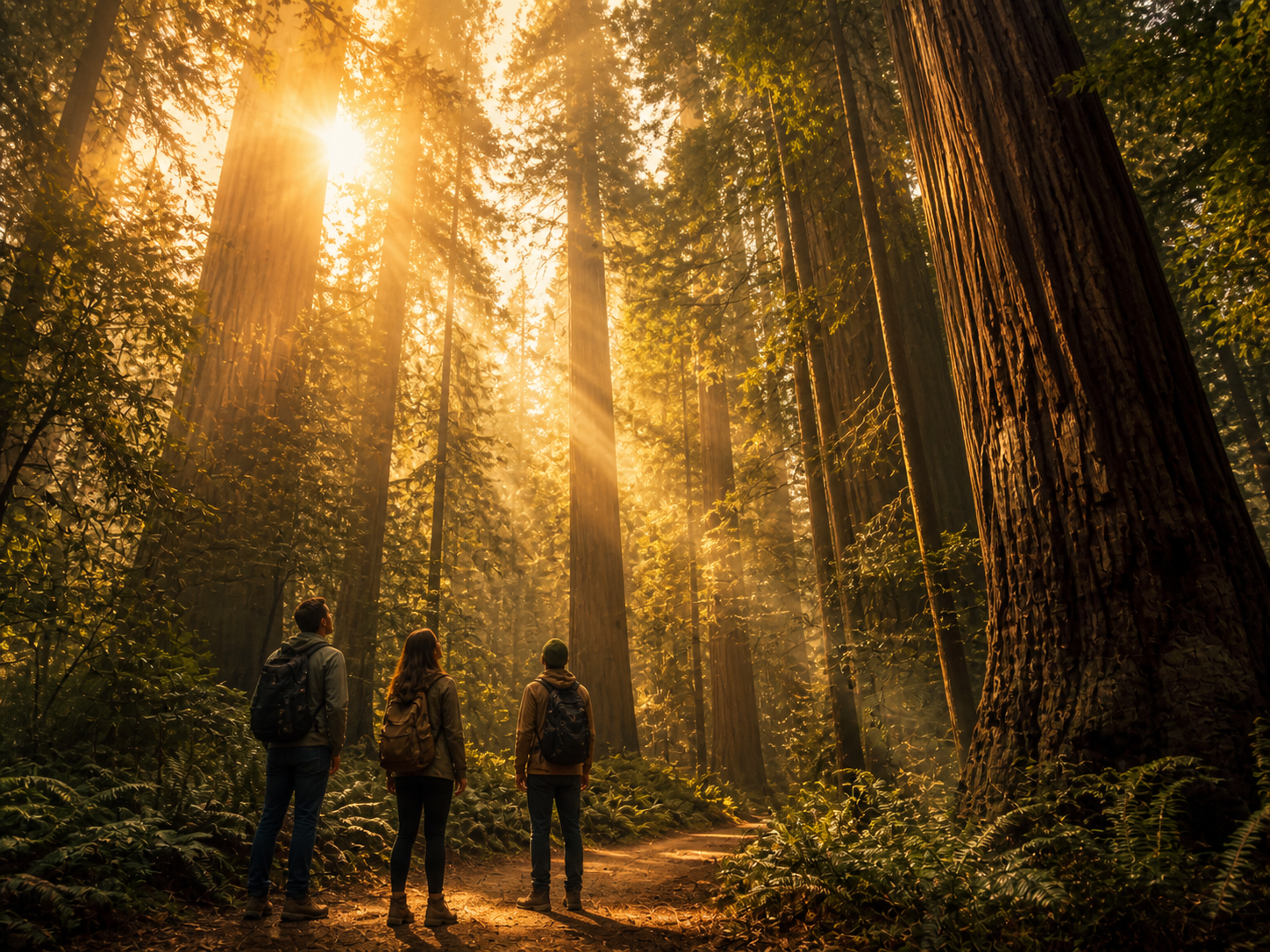 Tres travelers mirando hacia arriba entre redwoods gigantes del norte de California, con luz dorada filtrándose entre los árboles
