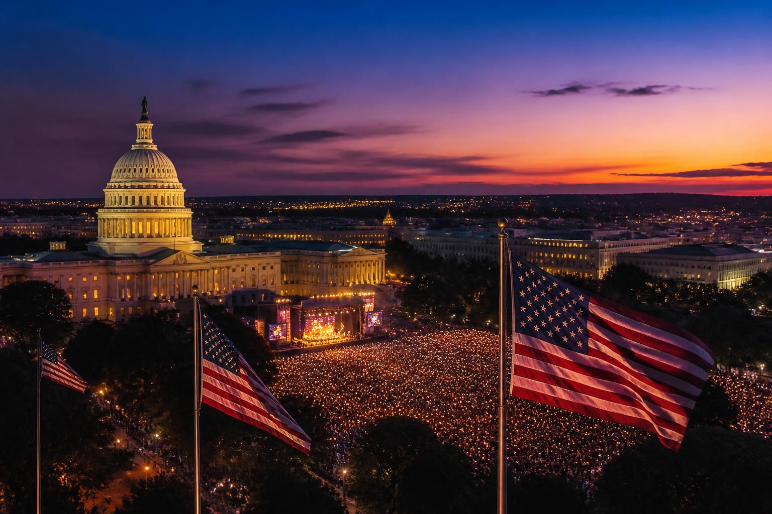 Concierto al aire libre frente al Capitolio de Washington con banderas estadounidenses y multitud iluminada al anochecer durante el National Memorial Day Concert