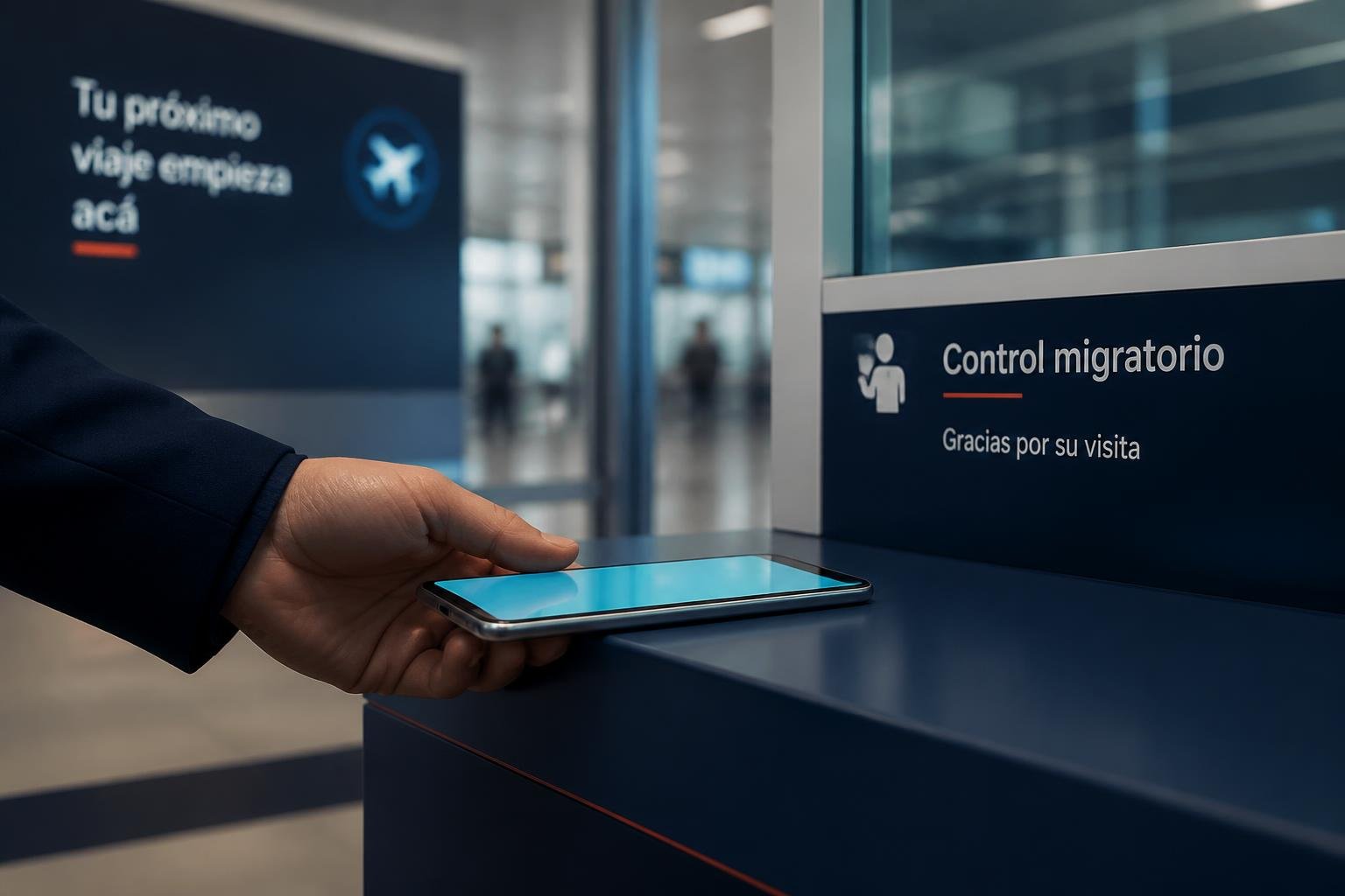 Mano sosteniendo un teléfono frente a un mostrador de control fronterizo en un aeropuerto de Estados Unidos