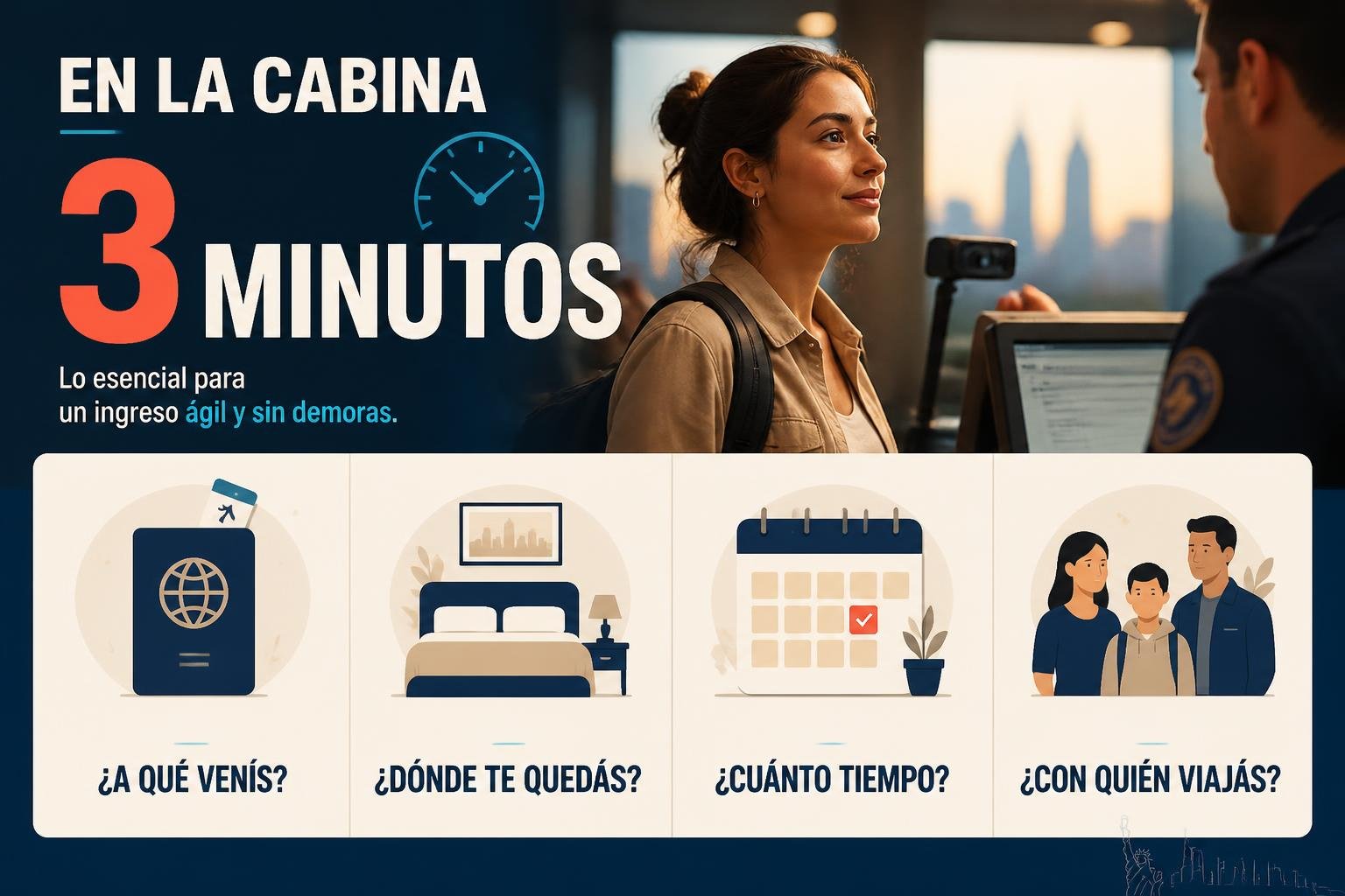 Infografía con las preguntas más frecuentes del oficial de CBP al llegar a Estados Unidos