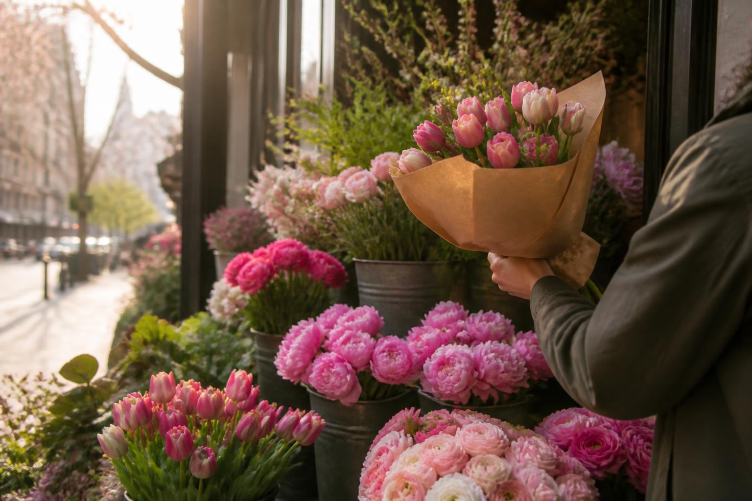 Florería de Manhattan al amanecer con cubos de tulipanes y peonías rosas listos para Mother's Day