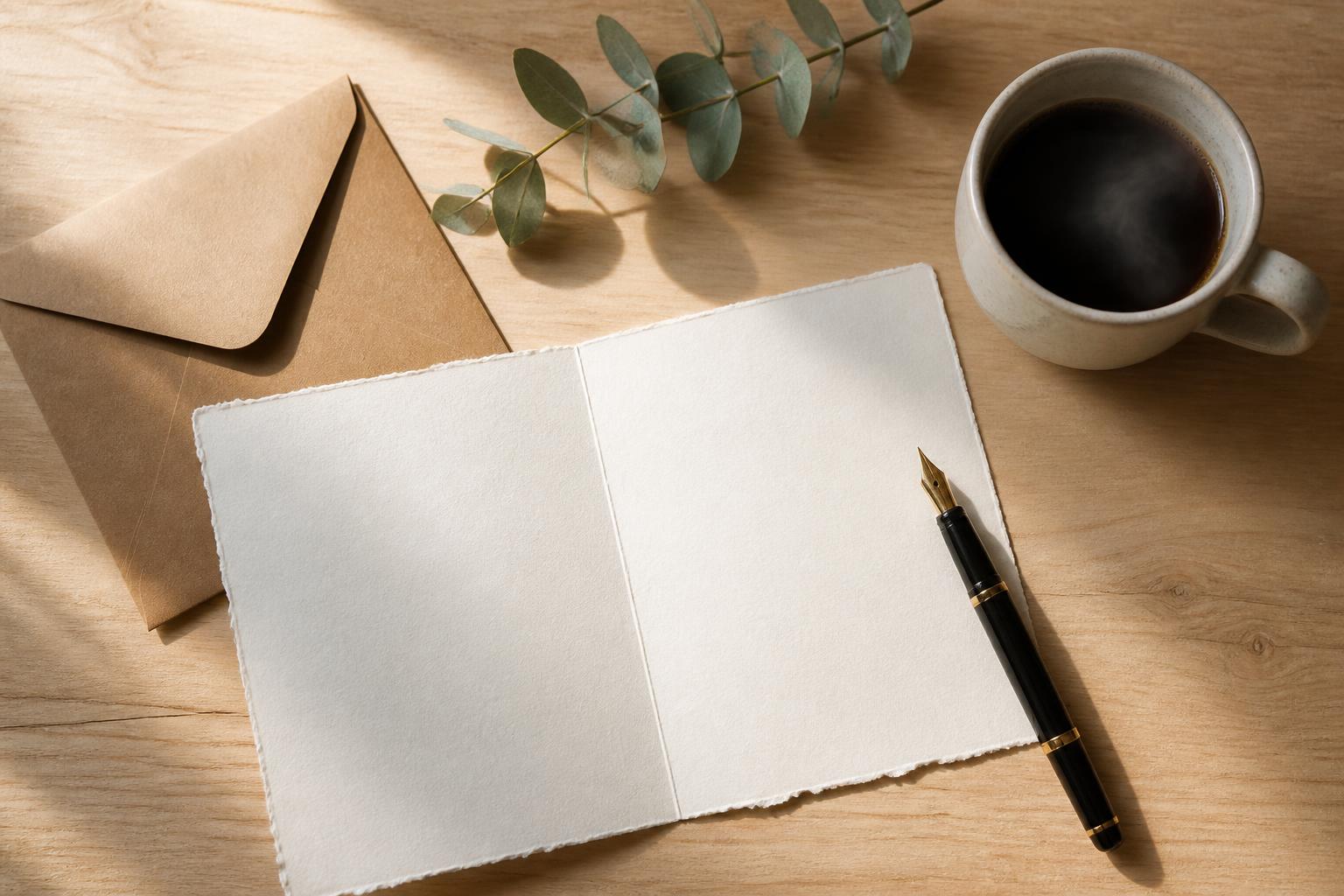 Tarjeta escrita a mano, una pluma y una taza de café sobre un escritorio claro, lista para Mother's Day
