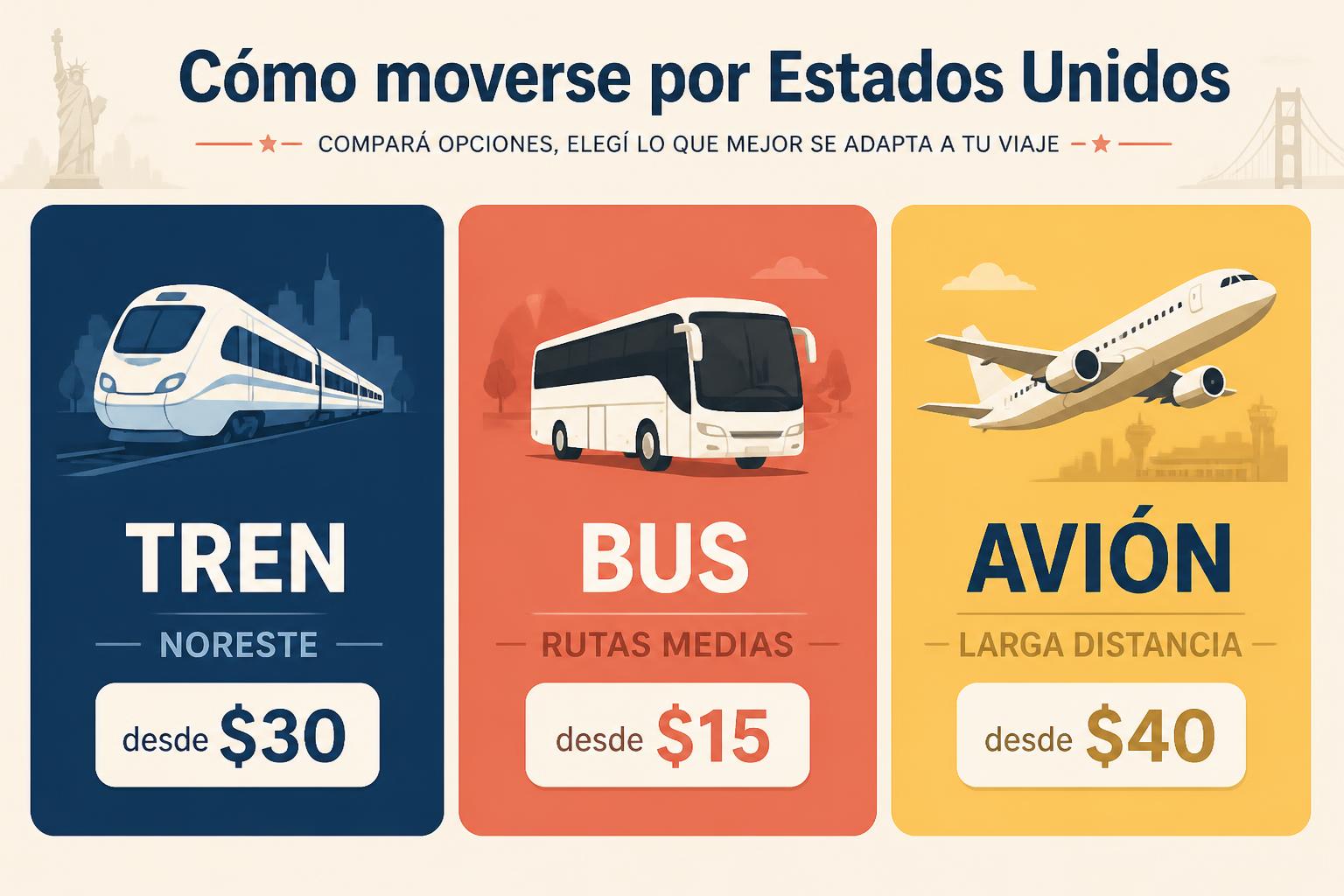 Infografía editorial comparando las tres opciones de transporte interurbano en USA: tren, bus y avión, con tiempos y precios orientativos por corredor