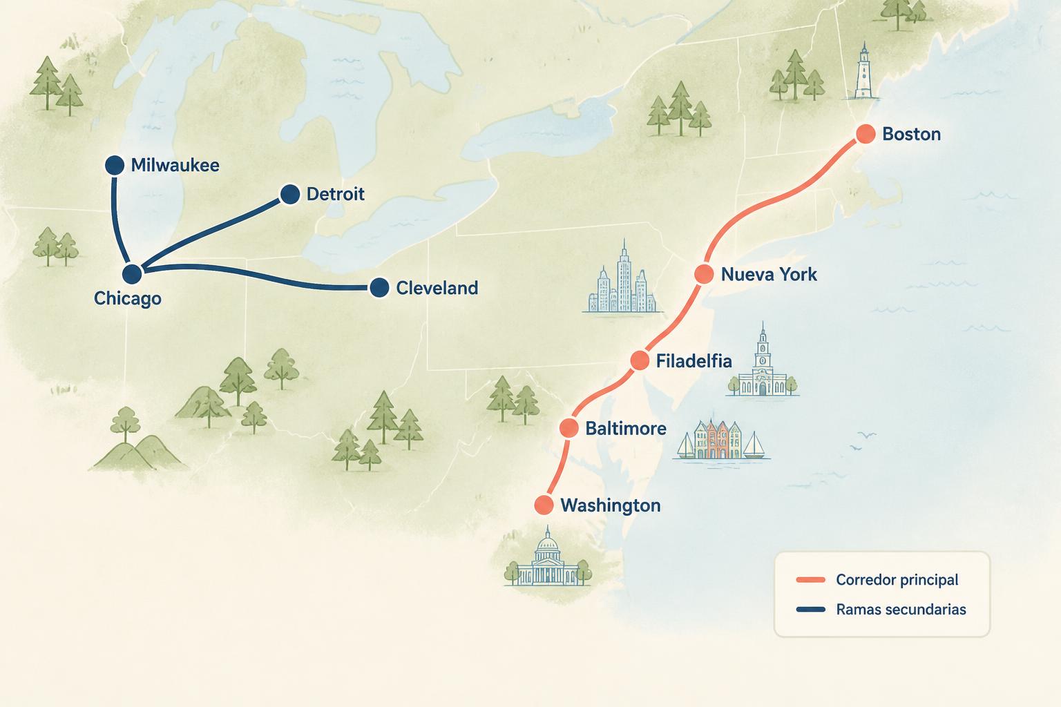 Mapa ilustrado del corredor ferroviario del Noreste: Boston, Nueva York, Filadelfia, Baltimore, Washington, más ramales desde Chicago hacia el Medio Oeste