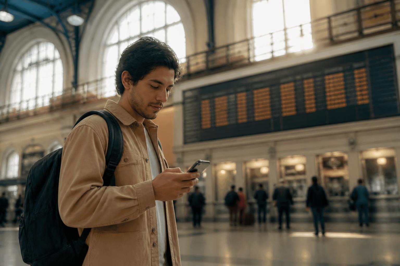 Viajero con smartphone mirando el tablero de salidas en una estación americana, planificando la siguiente etapa de su recorrido multi-ciudad