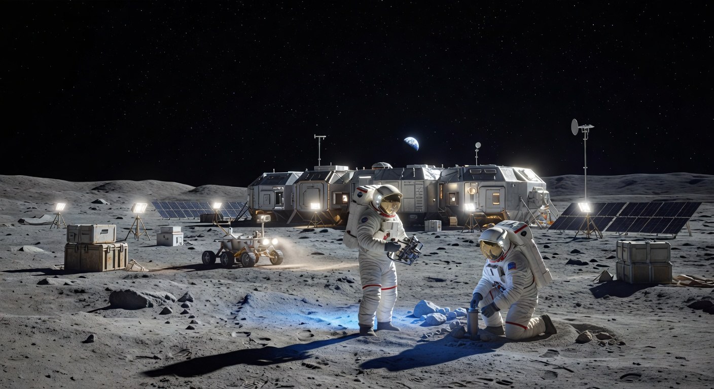 Dos astronautas trabajando sobre la superficie lunar, con una base y la Tierra de fondo