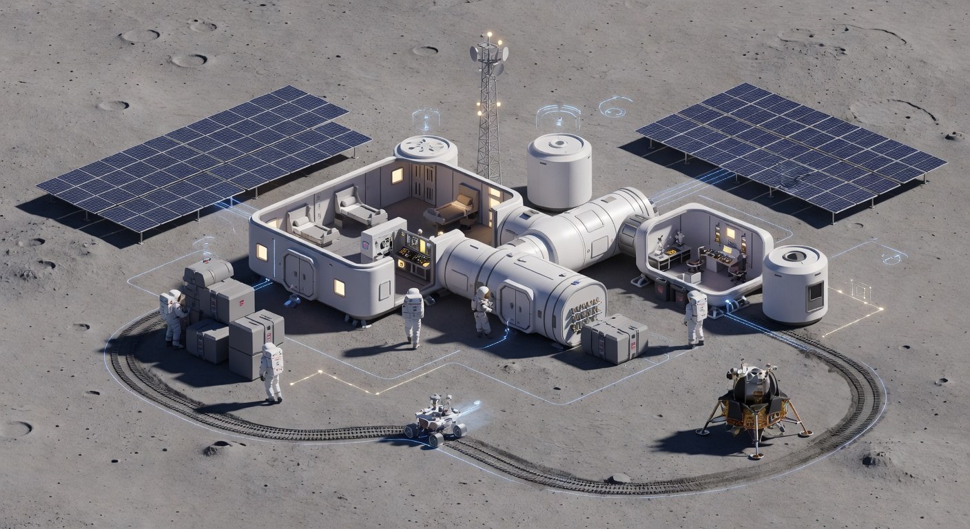 Vista isométrica de una base lunar con módulos habitables, paneles solares y un rover recorriendo el terreno