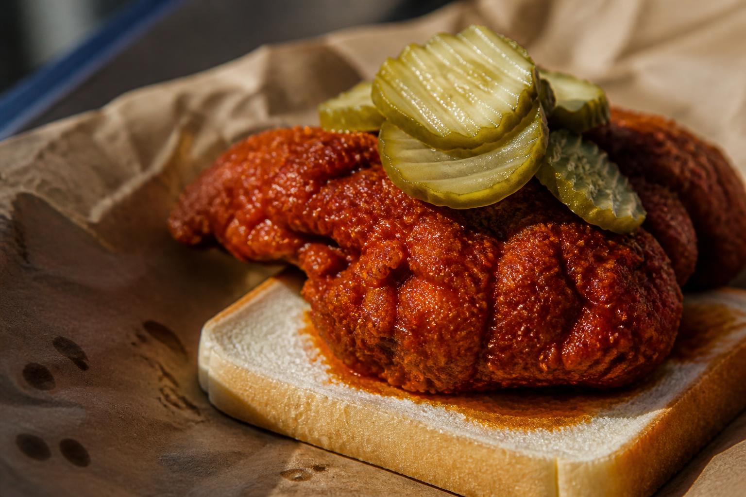 Plato de Nashville hot chicken sobre papel madera con pan de molde y pepinillos, picante y crujiente