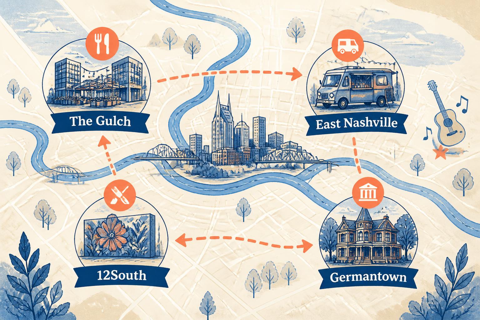 Mapa ilustrado de los barrios de Nashville: The Gulch, 12South, East Nashville y Germantown con íconos de música, comida y arquitectura