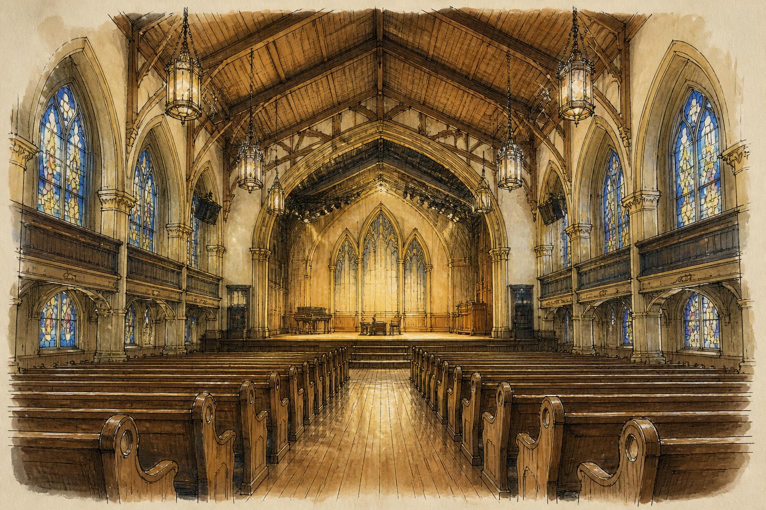 Interior del Ryman Auditorium de Nashville, con su arquitectura de iglesia y las bancas de madera históricas bajo una iluminación cálida