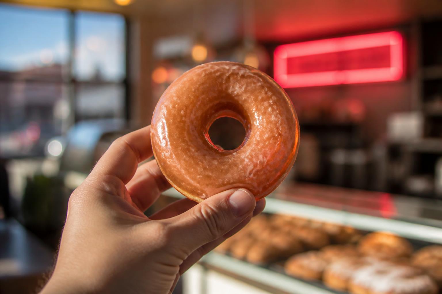 Foto documental 35mm de una mano sosteniendo una dona glaseada recién hecha al lado de un cartel rojo iluminado de una panadería americana, granulado de película, luz cálida de mañana