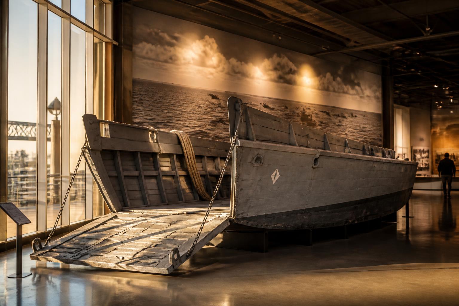 Réplica funcional del Higgins boat LCVP en escala 1:1 dentro del National WWII Museum, casco de madera contrachapada visible en primer plano y luz cálida lateral sobre el interior del pabellón