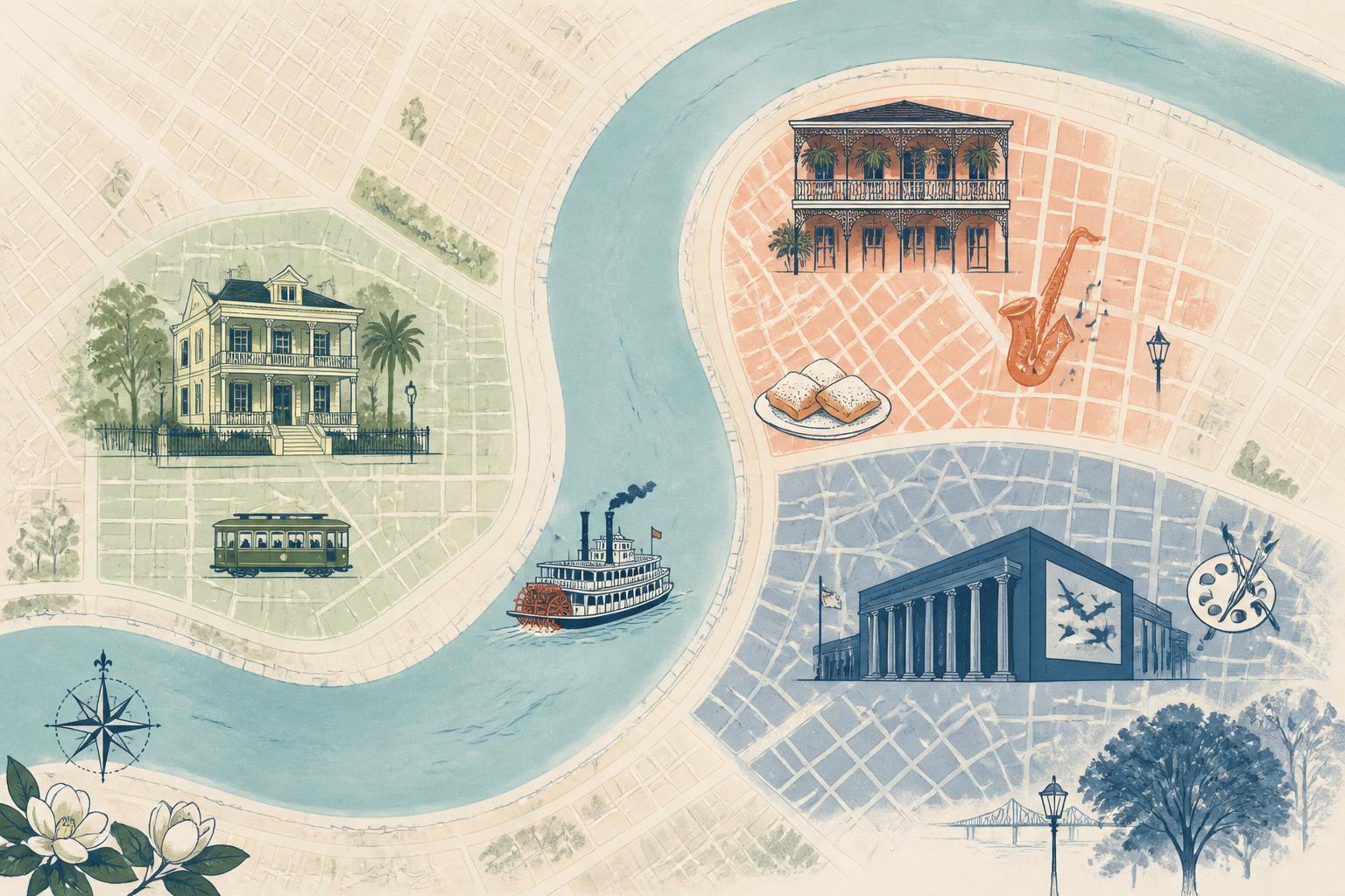 Mapa ilustrado a mano del centro de Nueva Orleans mostrando los tres barrios principales: French Quarter al noreste con icono de saxofón, Garden District al oeste con mansiones, Warehouse District con el National WWII Museum marcado en navy, y la curva del río Mississippi en celeste cruzando la ciudad