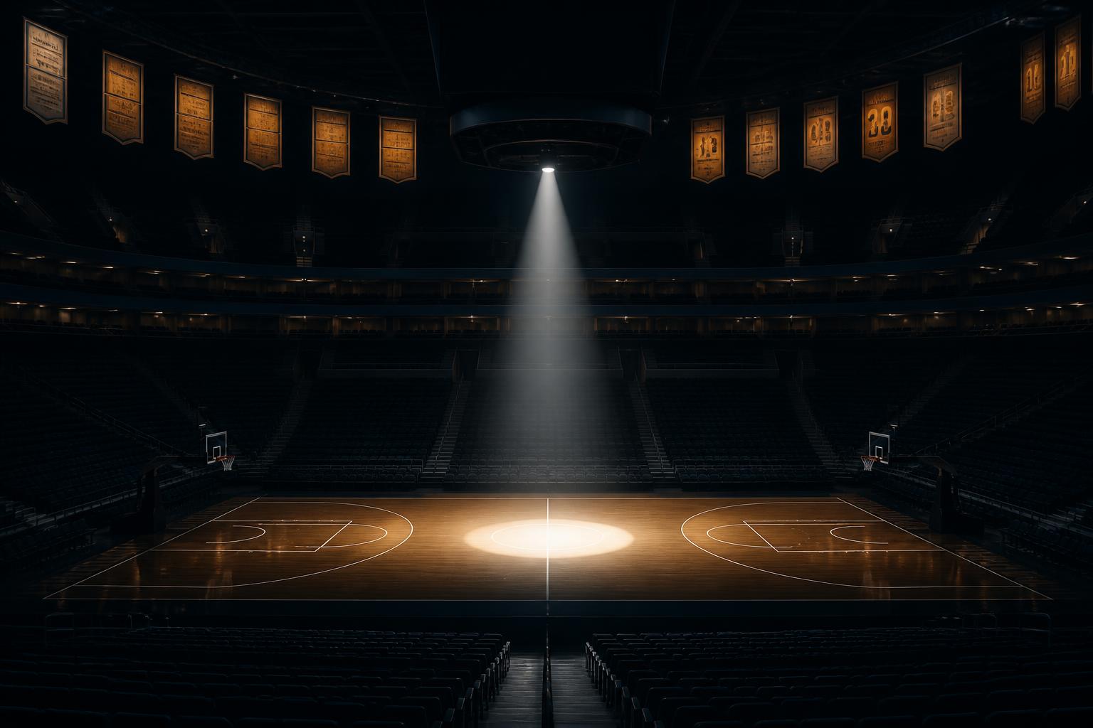 Cancha de básquet profesional vacía con el parquet brillante y banderines de campeón colgando del techo del arena, iluminación solemne antes del inicio de la final