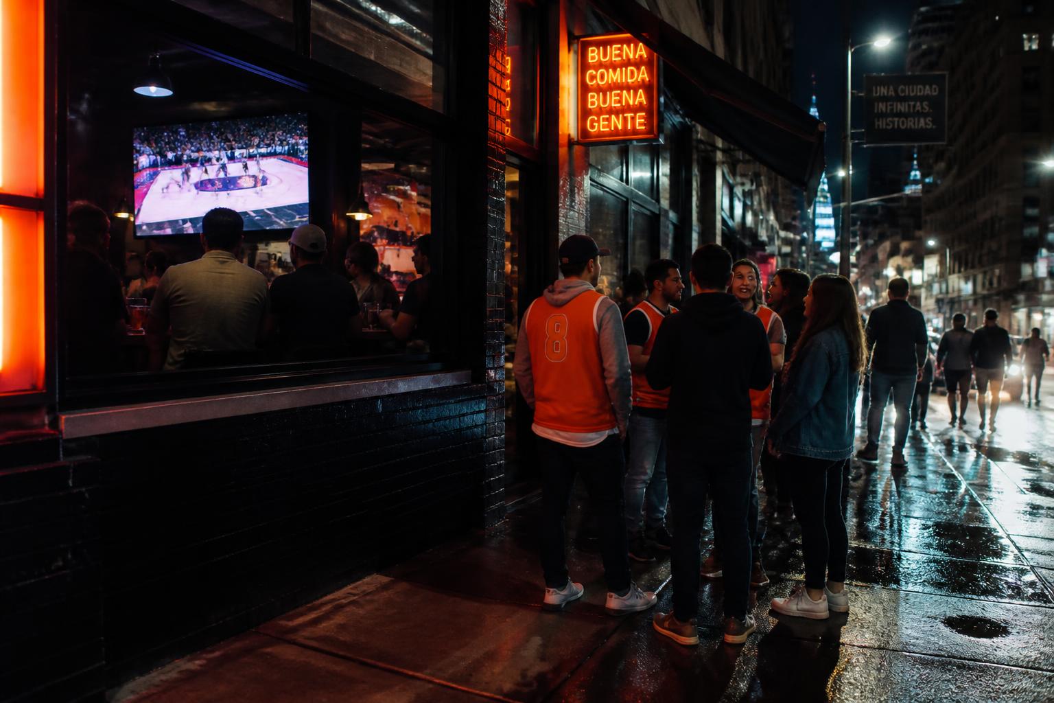 Calle de Manhattan de noche con gente saliendo de un bar de deportes con remeras naranjas, pantallas de televisión visibles desde afuera y luces de neón reflejadas en el asfalto mojado