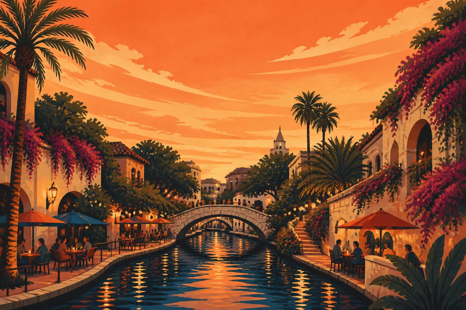 Paseo River Walk de San Antonio al atardecer con restaurantes iluminados y su reflejo en el río, vegetación subtropical y puentes de piedra en primer plano
