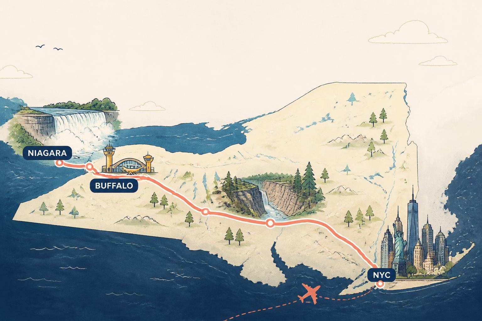 Mapa ilustrado del estado de Nueva York con la ruta de NYC a Buffalo y Niagara Falls marcada, landmarks de cataratas, Letchworth State Park y el aeropuerto Buffalo Niagara