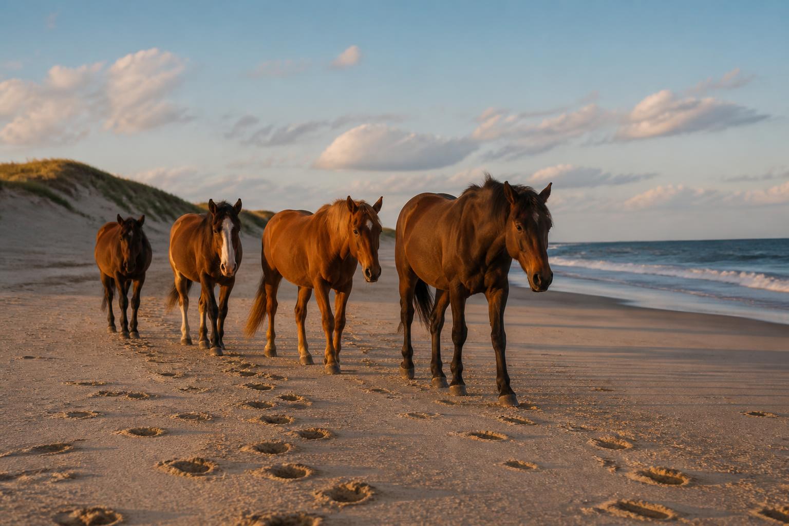Caballos salvajes descendientes de los españoles del siglo XVI caminando libres por la arena de una playa abierta en la zona de Corolla en Outer Banks al atardecer, con dunas de fondo y huellas de pezuñas marcadas en la arena