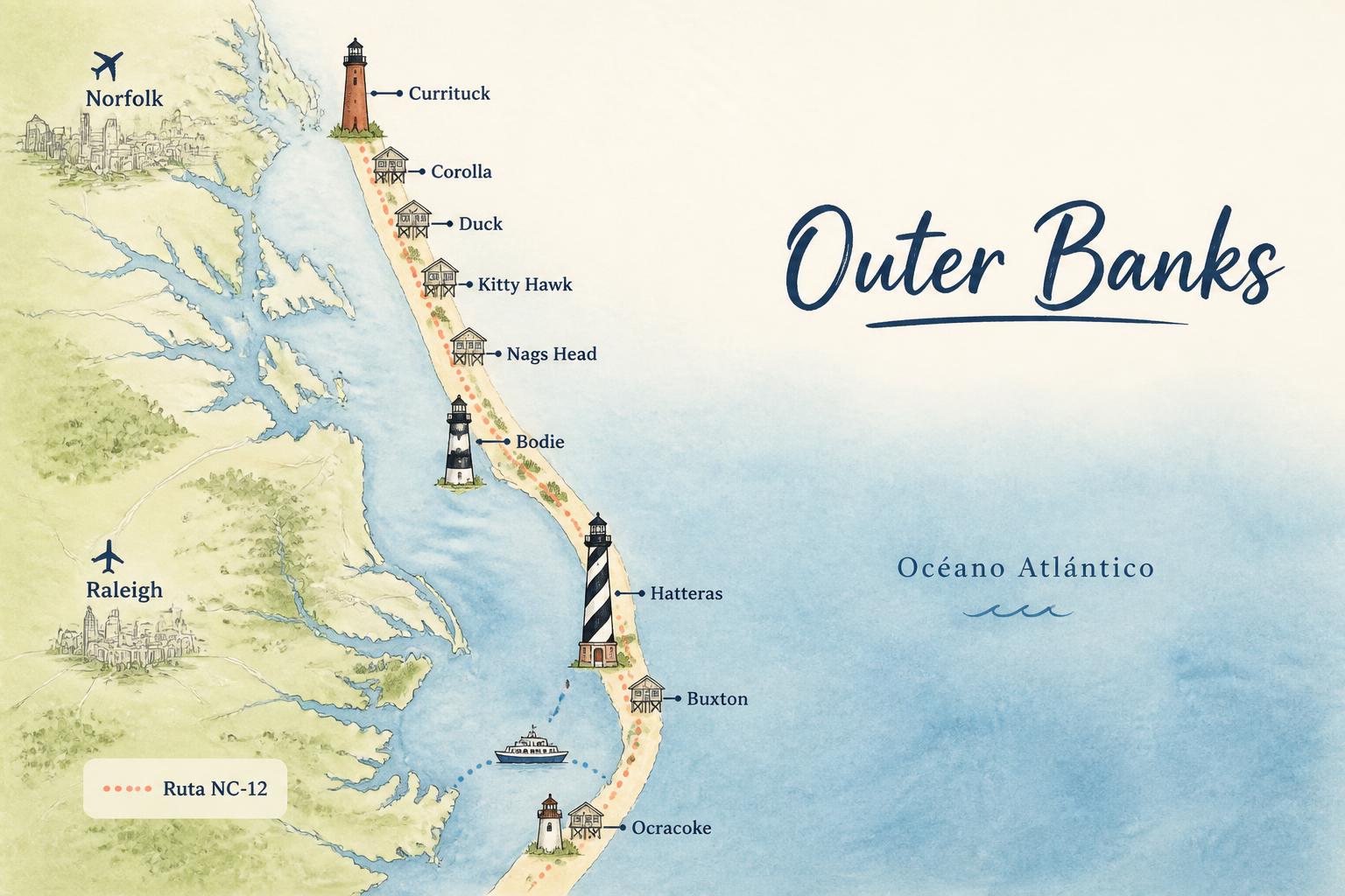 Mapa ilustrado en estilo editorial premium de la franja de Outer Banks mostrando los faros de Currituck, Bodie, Hatteras y Ocracoke, los pueblos de Kitty Hawk, Nags Head, Duck, Corolla y Buxton, la ruta NC-12 que los conecta y los aeropuertos de Norfolk y Raleigh marcados al oeste