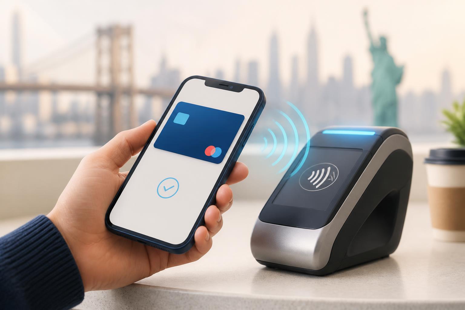 Ilustración travel-tech minimal de un smartphone mostrando una tarjeta digital con símbolo de tap to pay sobre un posnet