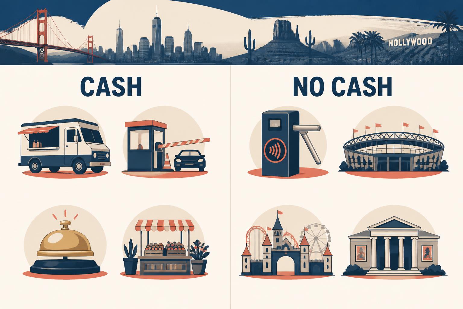 Infografía editorial estilo magazine con dos columnas comparando dónde se acepta cash y dónde no en Estados Unidos