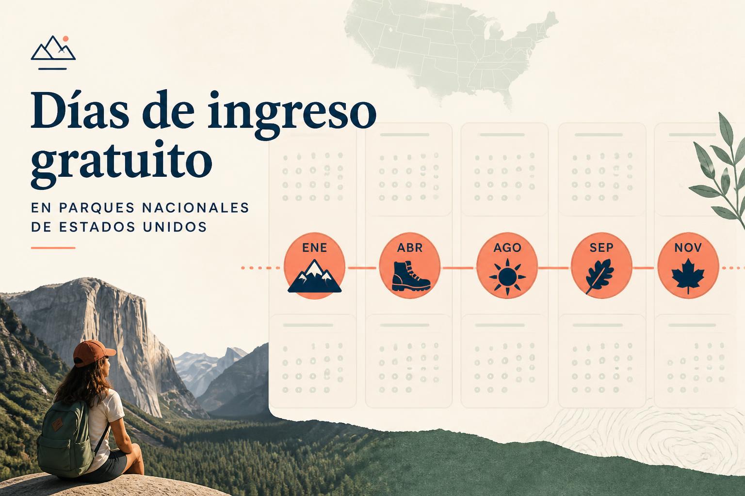 Calendario editorial de 2026 con las cinco fechas de entrada gratis a los Parques Nacionales de Estados Unidos marcadas