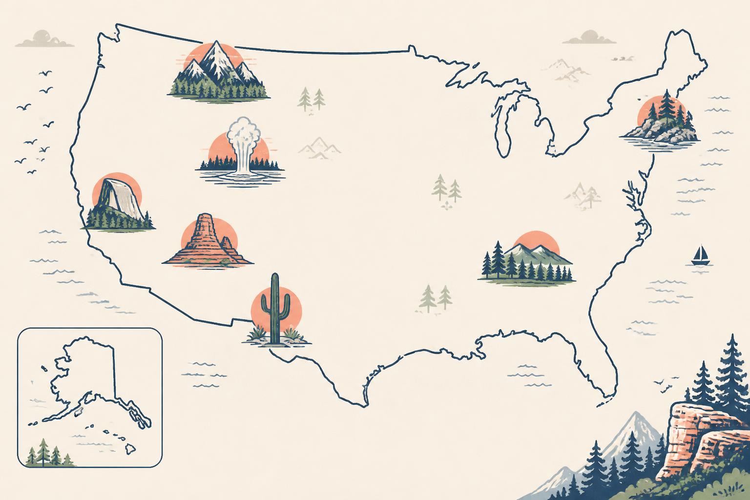 Mapa ilustrado de Estados Unidos con la ubicación de parques nacionales grandes como Yellowstone, Yosemite, Grand Canyon, Zion y Acadia