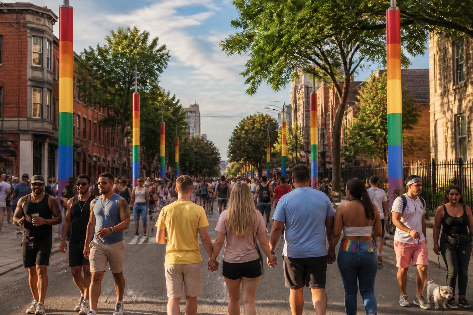 Calle Halsted en el barrio Northalsted de Chicago con sus arcos arcoíris característicos y multitud caminando bajo el sol de tarde