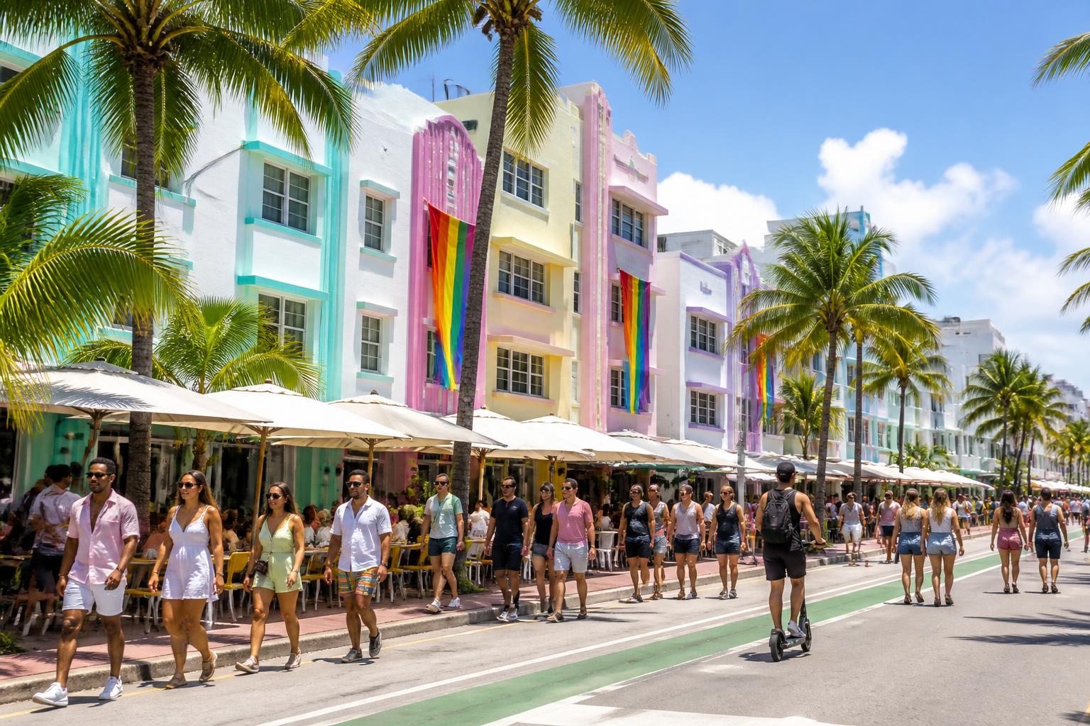 Ocean Drive en Miami Beach con banderas arcoíris colgando de los hoteles Art Deco pastel y palmeras al sol del mediodía