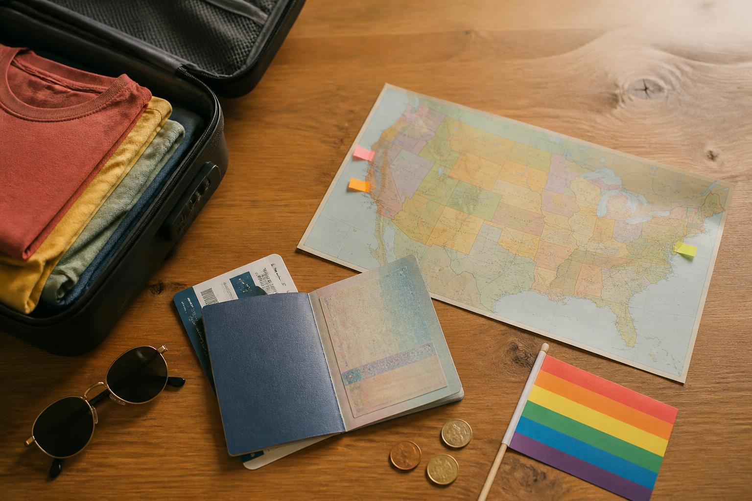 Flatlay sobre mesa de madera con pasaporte argentino, pasaje impreso, banderita arcoíris pequeña y una valija parcialmente cargada para un viaje a USA en junio
