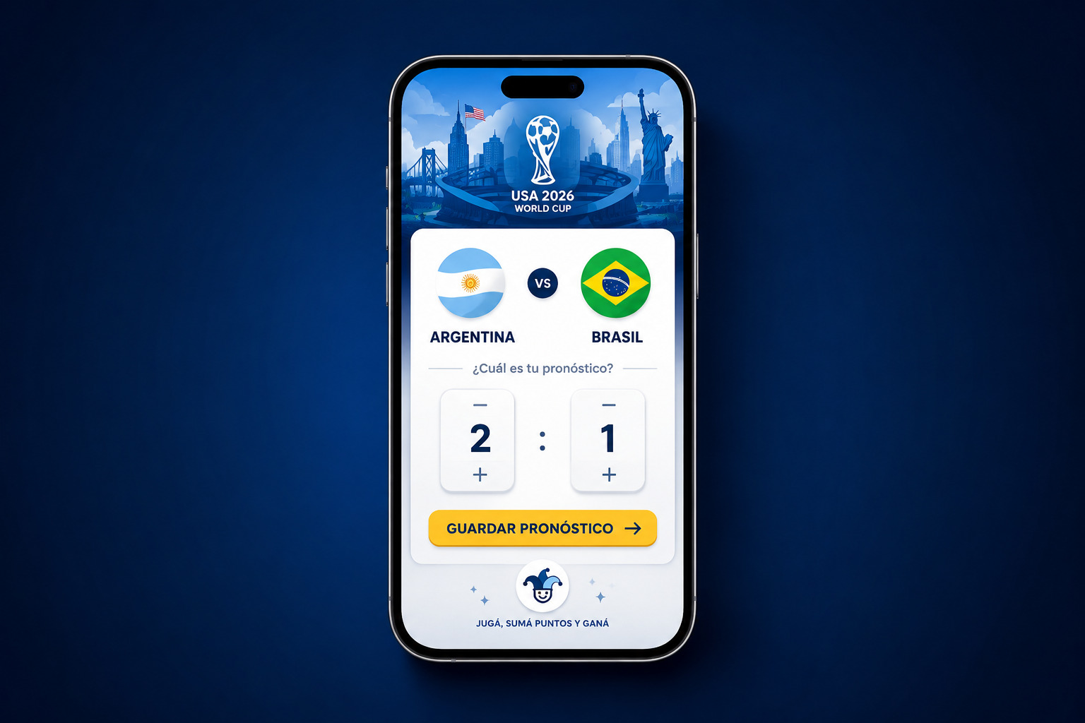 Mockup de la app del Prode del Mundial 2026 en un celular, con la tarjeta de pronóstico Argentina-Brasil y el marcador 2 a 1 listo para guardar