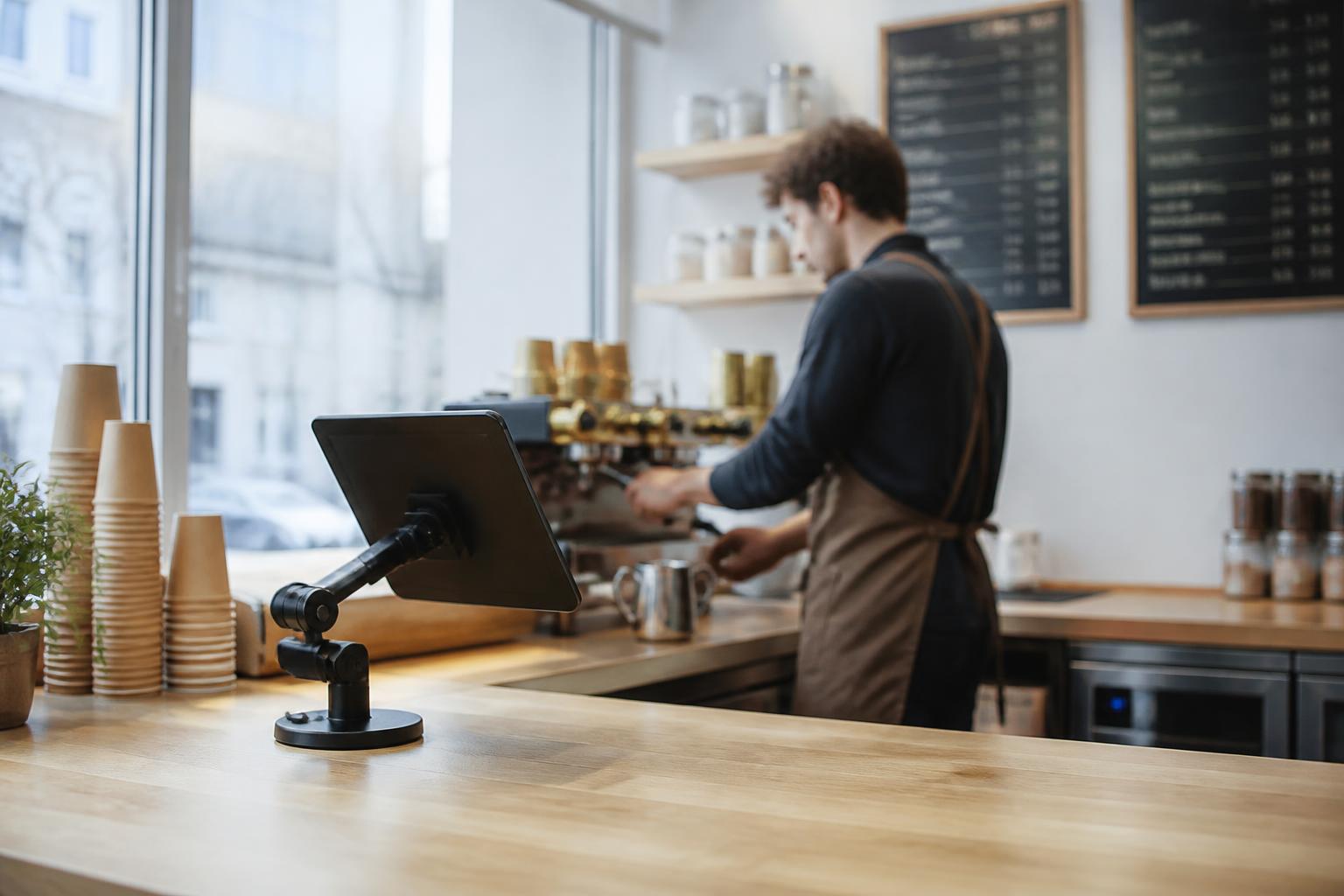 Mostrador de cafetería de Estados Unidos con tablet de pago giratoria en primer plano y barista trabajando al fondo, luz natural de ventanal, sin texto legible