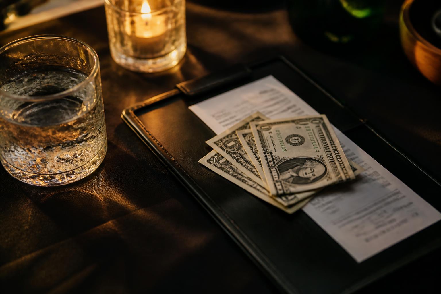 Mesa de restaurante en Estados Unidos al atardecer con factura impresa en bandejita de cuero negro, billetes de un dólar doblados y vaso de agua, luz cálida ambiente, sin texto legible