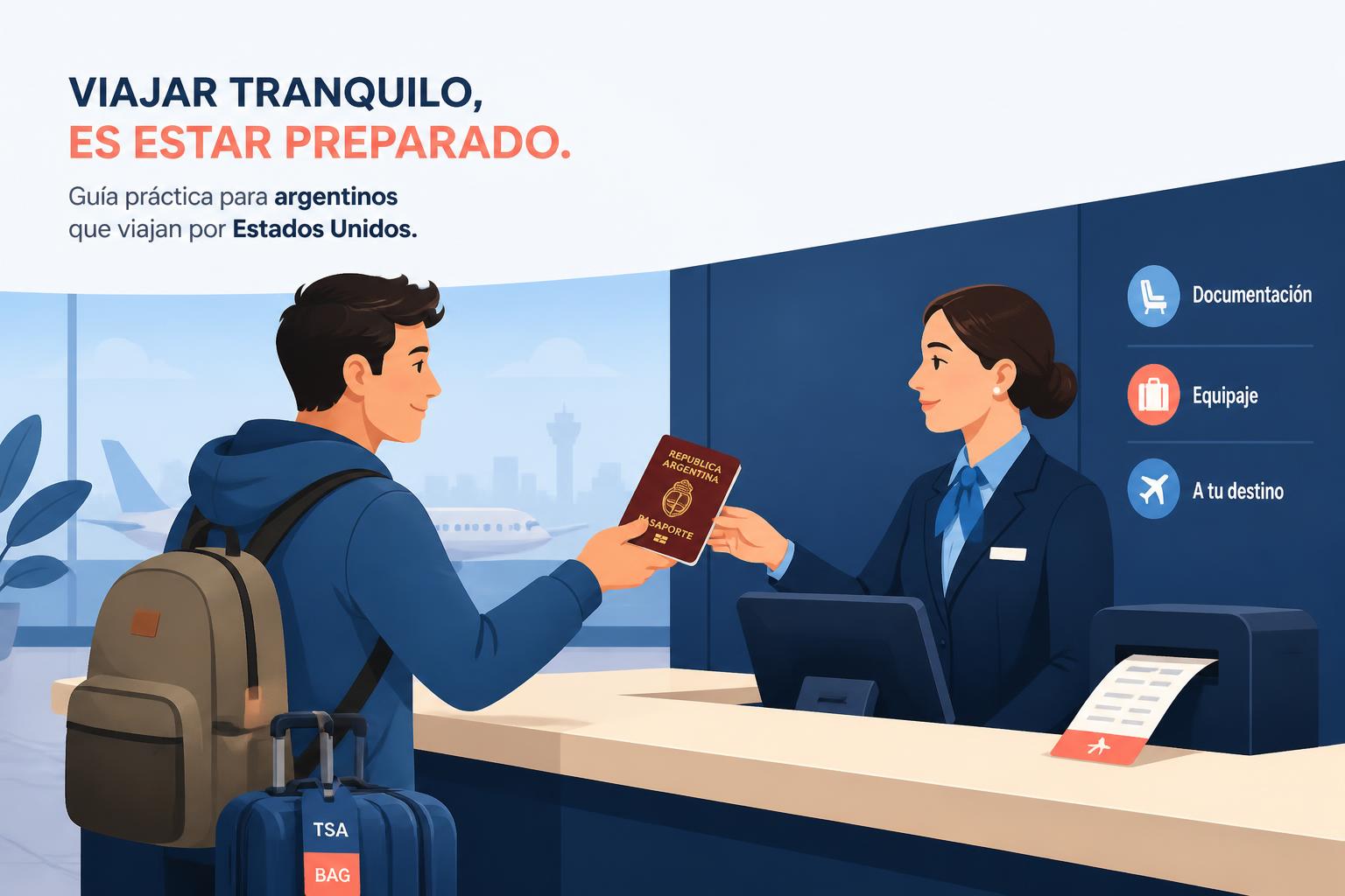 Plano frontal estilo viñeta plana de un viajero presentando su pasaporte argentino en el mostrador de check-in doméstico de una aerolínea americana, con un agente atendiendo, etiquetas TSA y boarding pass digital, en paleta azul y coral