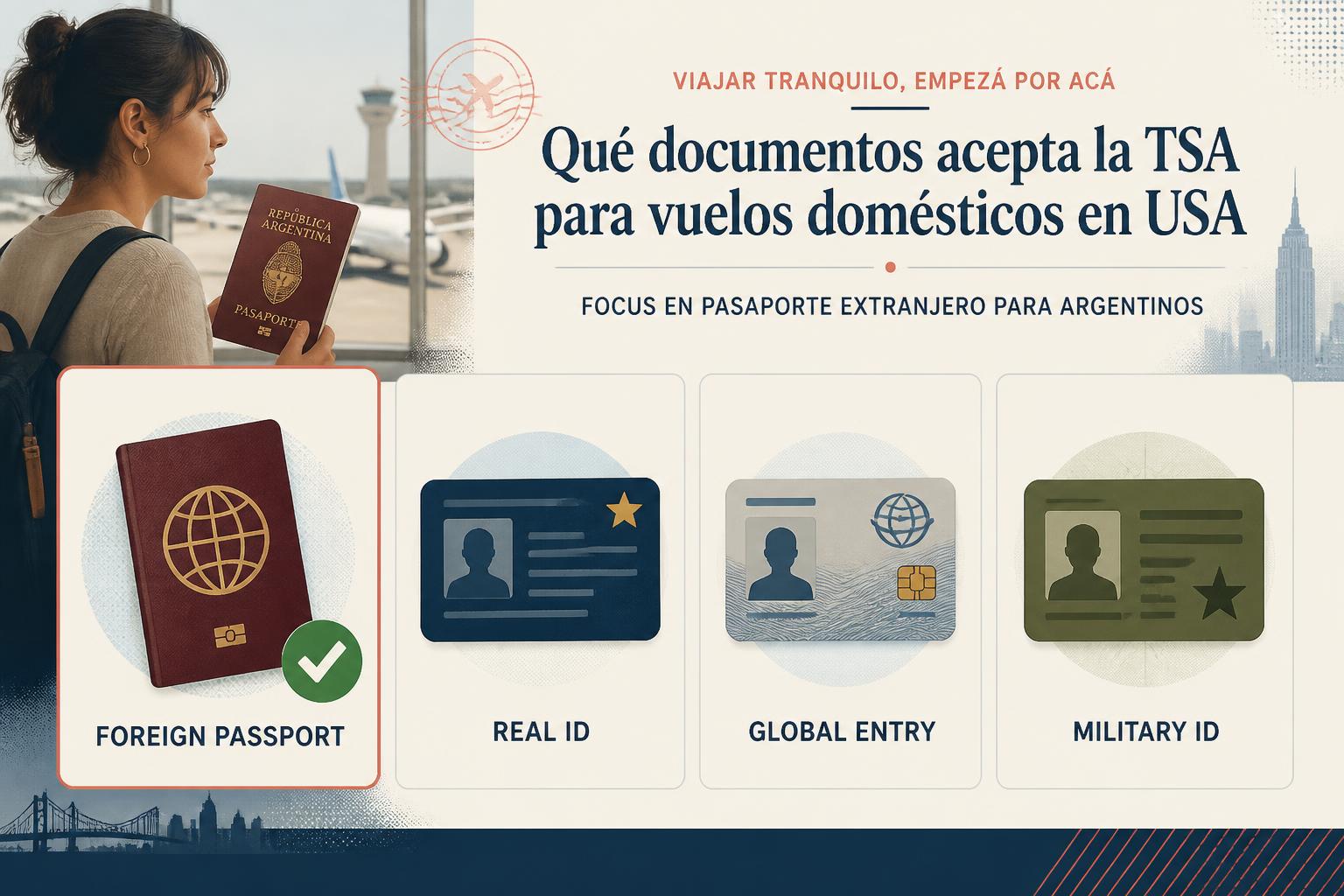 Composición editorial estilo revista con tarjetas verticales sobre fondo claro mostrando los documentos aceptados por la TSA para vuelos internos en USA: pasaporte extranjero, tarjeta Global Entry, licencia con estrella dorada, ID militar, con etiquetas cortas en inglés