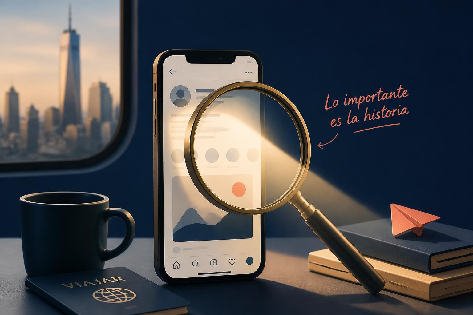Imagen conceptual minimalista de un perfil de red social observado a través de una lupa, con estética editorial sobria