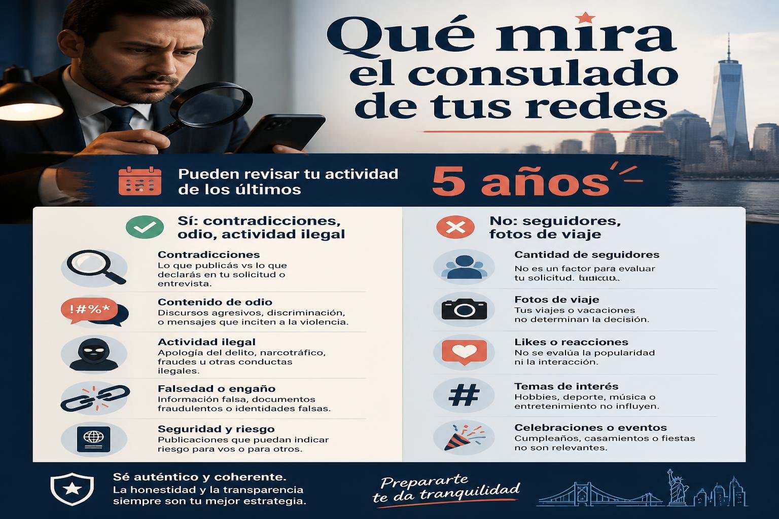 Infografía editorial en castellano que resume qué revisa el consulado de las redes sociales y qué no