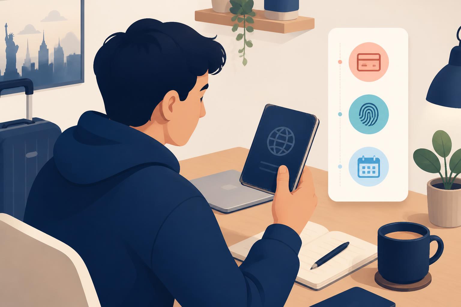 Ilustración flat vector premium de un viajero argentino revisando su pasaporte vencido en un escritorio con un checklist al lado de íconos que representan visa anterior, antecedentes y categoría