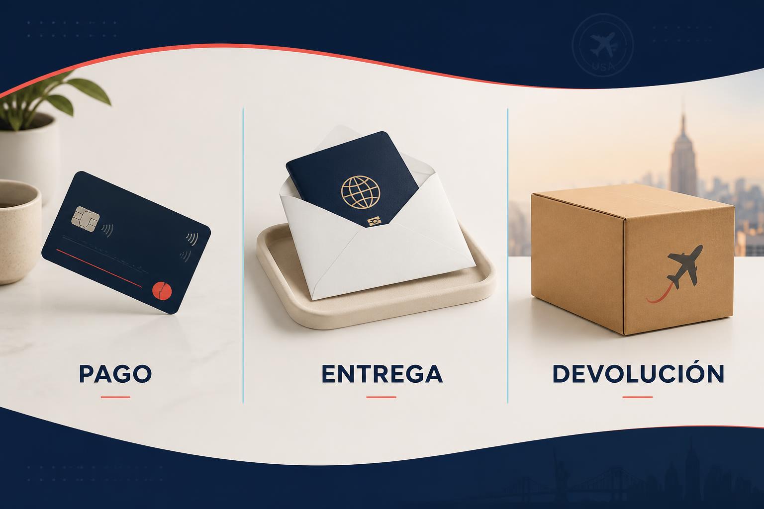 Ilustración flat vector premium de los tres pasos del trámite dropbox sobre un escritorio: pago del arancel, entrega del pasaporte en el CAS y devolución por courier