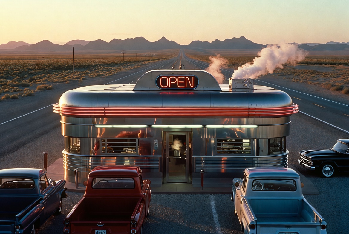 Diner clásico americano de los años 50 con cartel OPEN de neón y autos vintage - la experiencia auténtica del roadtrip