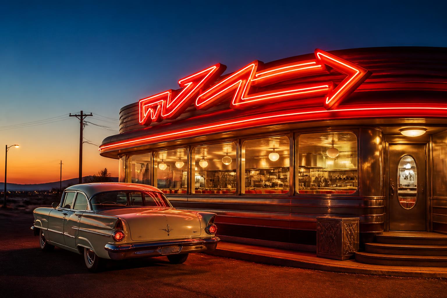 Diner clásico de los años 50 con cartel de neón rojo encendido al atardecer y un auto antiguo estacionado afuera al costado de la Ruta 66 en Arizona