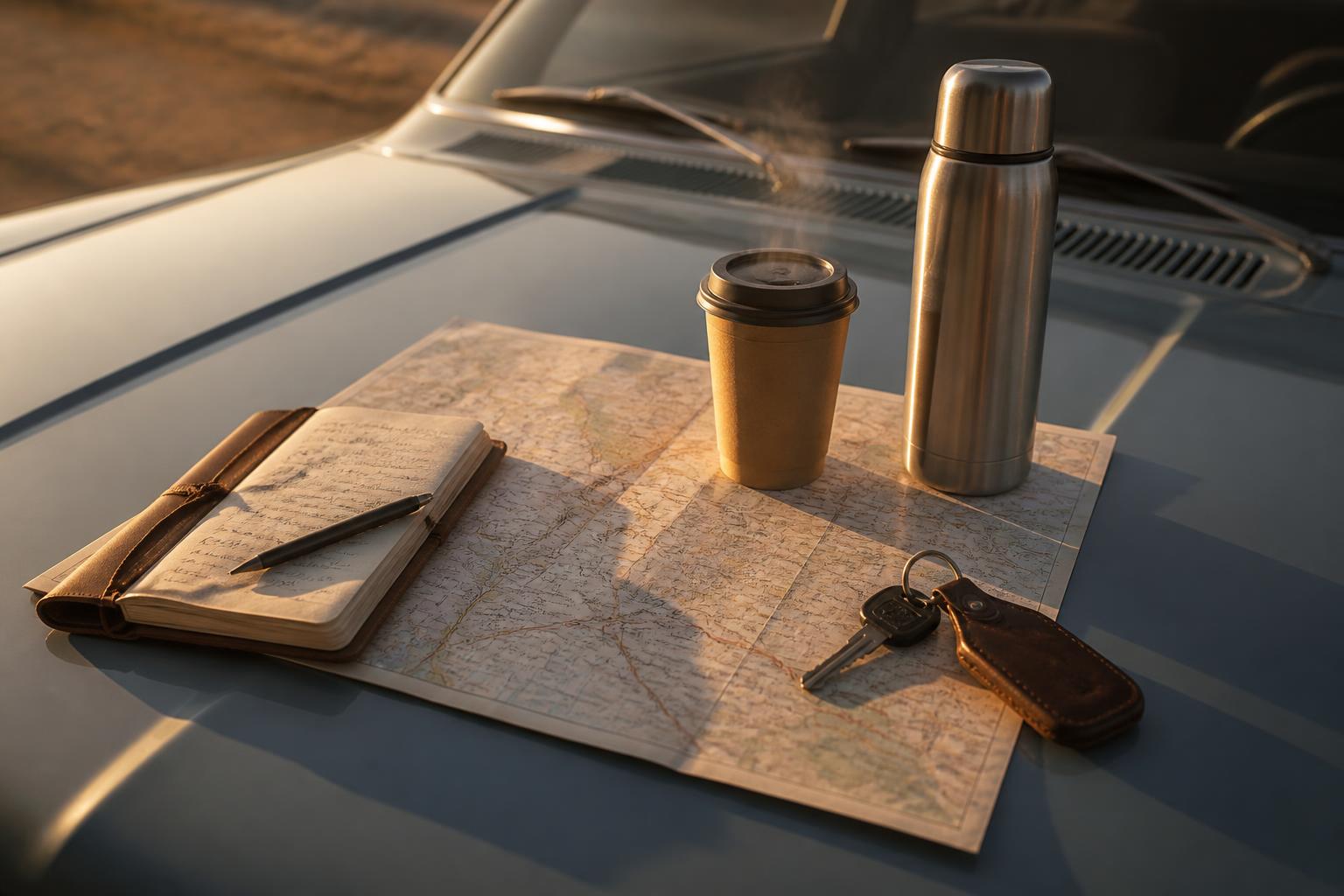 Mapa de papel desplegado sobre el capó de un auto antiguo con una libreta de notas, un termo, llaves y un café para llevar en la Route 66 al amanecer