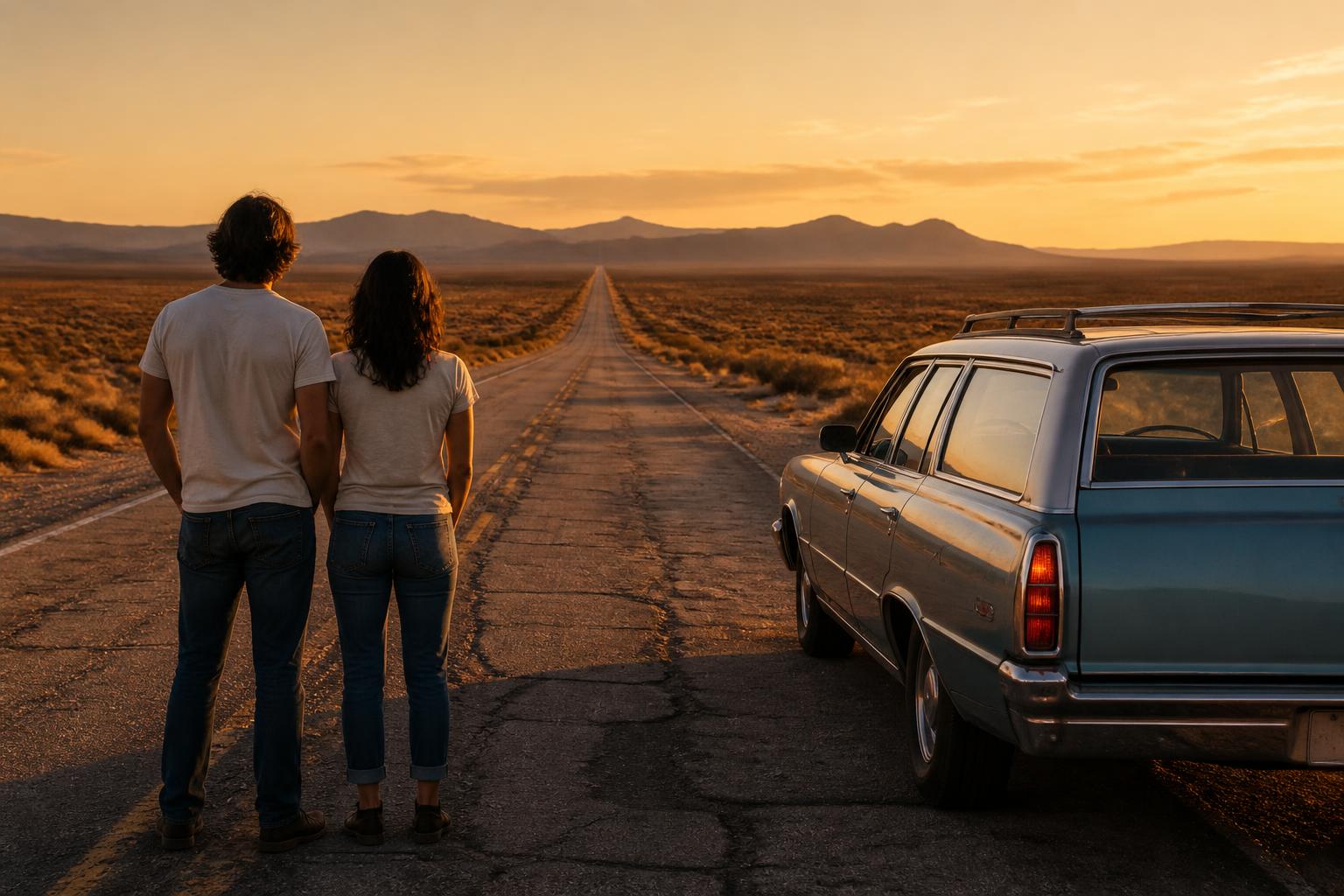 Pareja de viajeros de espaldas mirando el horizonte con un auto antiguo estacionado al costado de la Route 66 en el suroeste americano durante la hora dorada