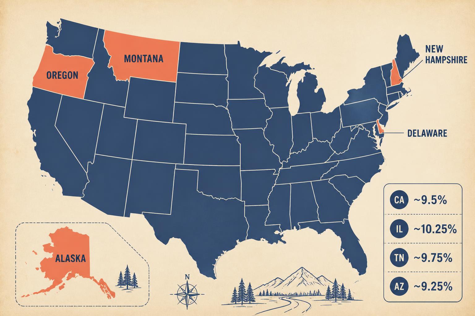 Mapa ilustrado de Estados Unidos con los cinco estados sin sales tax estatal resaltados, leyenda lateral con porcentajes promedio del resto, paleta navy y rojo coral con detalles beige