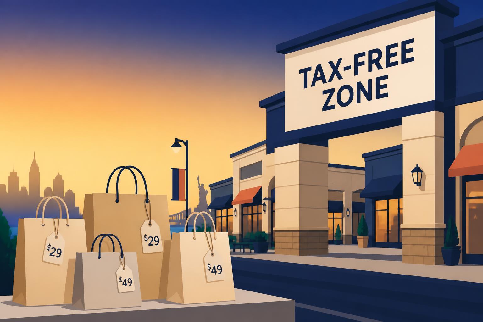 Ilustración flat vector premium de bolsas de compra y etiquetas frente a un cartel "tax-free zone" estilizado, paleta navy y amarillo cálido sobre fondo beige