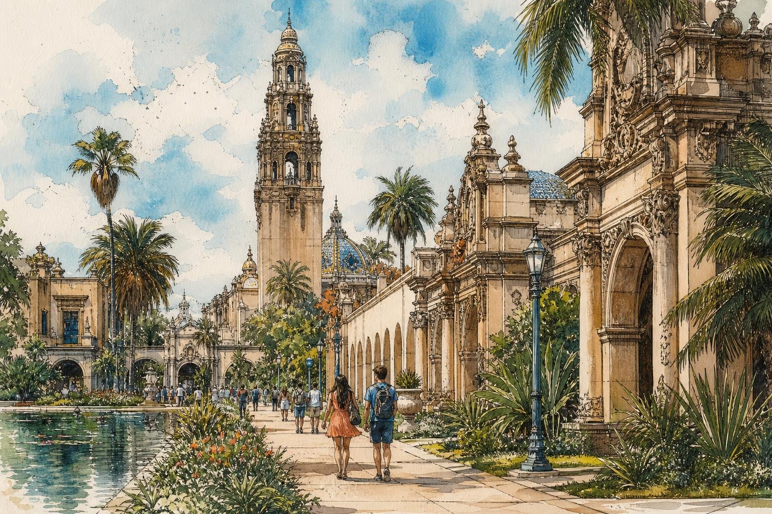 Ilustración a tinta y acuarela de los pabellones de arquitectura colonial española de Balboa Park, en San Diego
